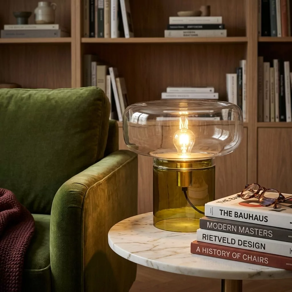 Lampe à poser allumée, base en verre vert et dôme transparent, sur une table en marbre près d'un fauteuil en velours vert