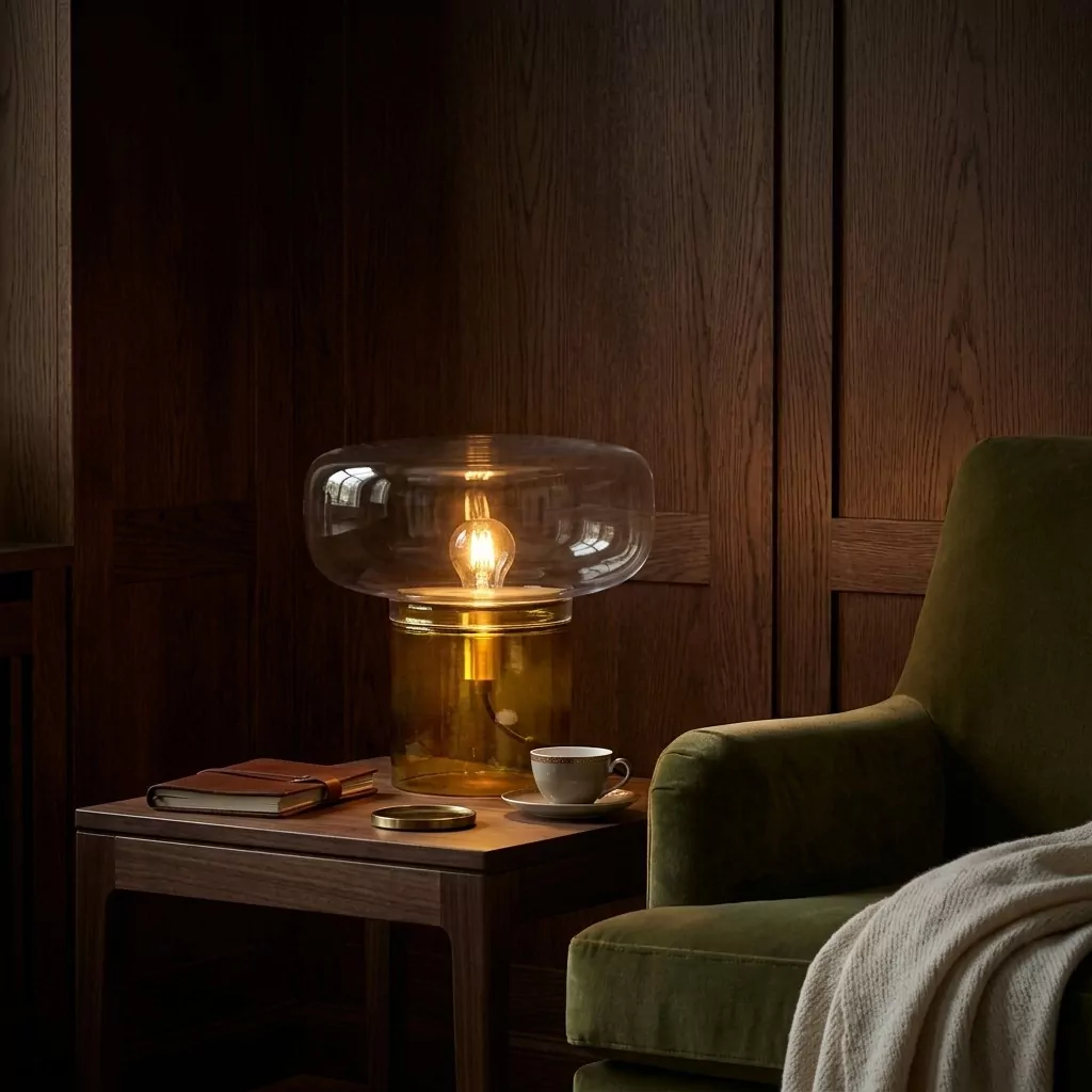 Lampe à poser allumée sur une table en bois, base verte et dôme transparent, mur en lambris foncé et fauteuil vert