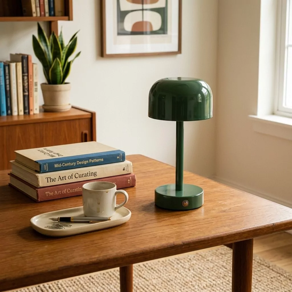 Lampe champignon en fer laqué vert sur un bureau en bois, pile de livres et plante, décor mid-century