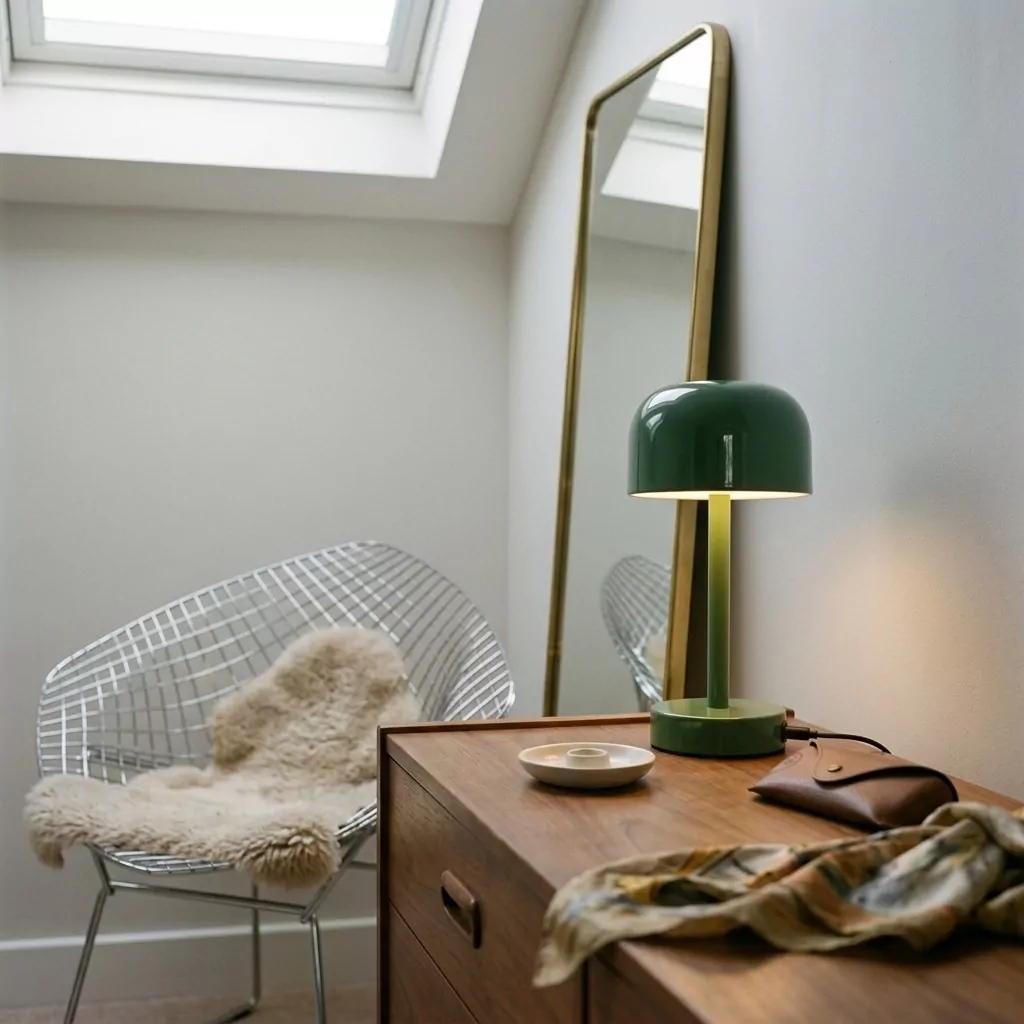 Lampe champignon en fer laqué vert allumée sur un buffet en bois, miroir à cadre doré et fauteuil en fil de métal