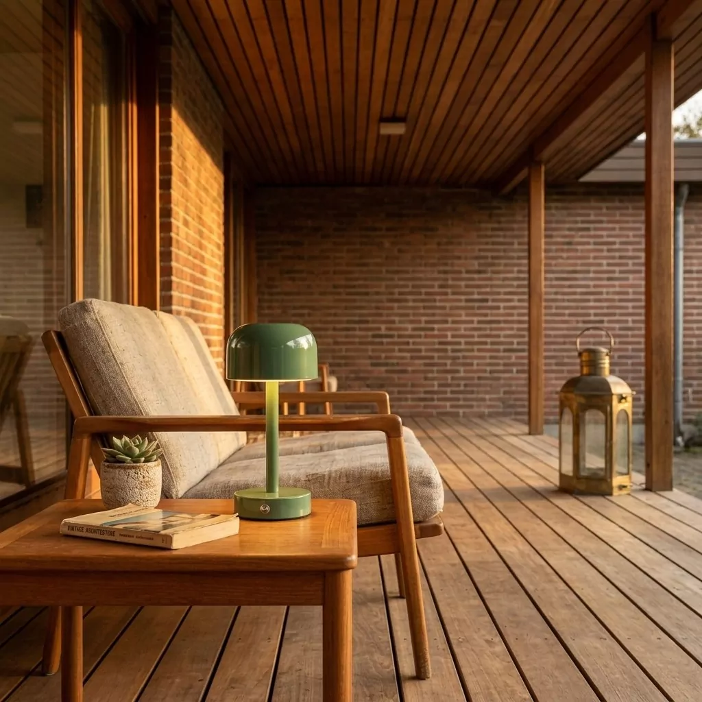 Lampe champignon en fer laqué vert sur une table basse en bois, fauteuil lounge et plante grasse, terrasse mid-century