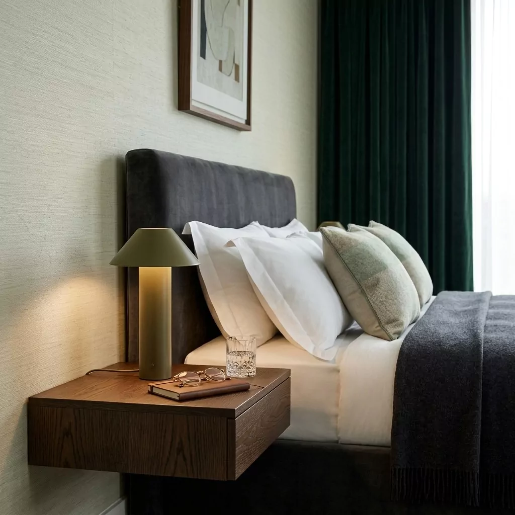 Lampe à poser vert olive mat allumée sur une tablette de chevet en bois foncé, tête de lit gris anthracite, rideaux verts