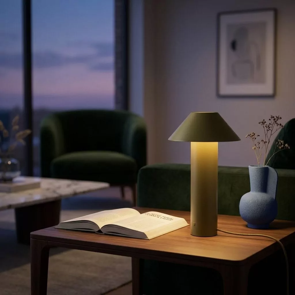 Lampe à poser vert olive mat allumée sur une table basse en bois foncé, canapé en velours vert, livre ouvert, fin de jour