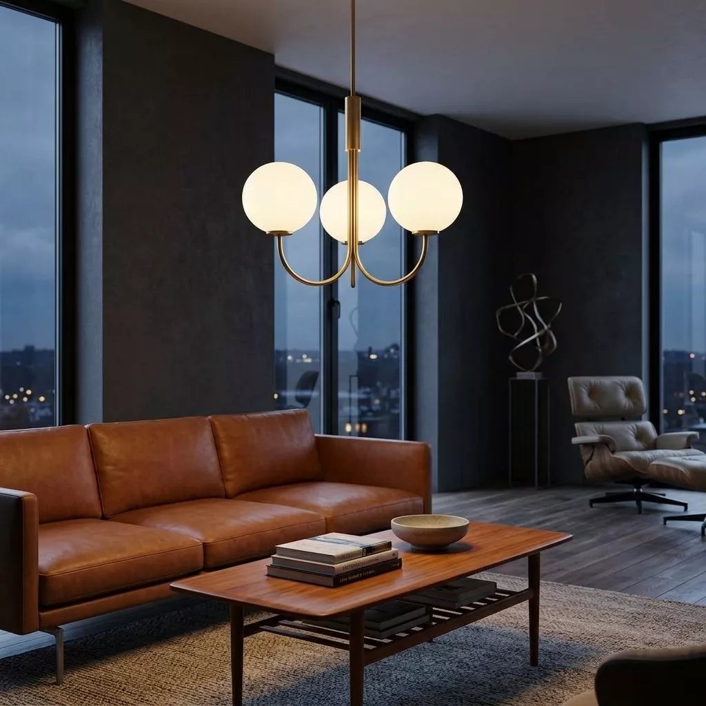Lustre trois globes opalin et laiton satiné au-dessus d'un canapé cuir cognac, salon ouvert vue urbaine au crépuscule