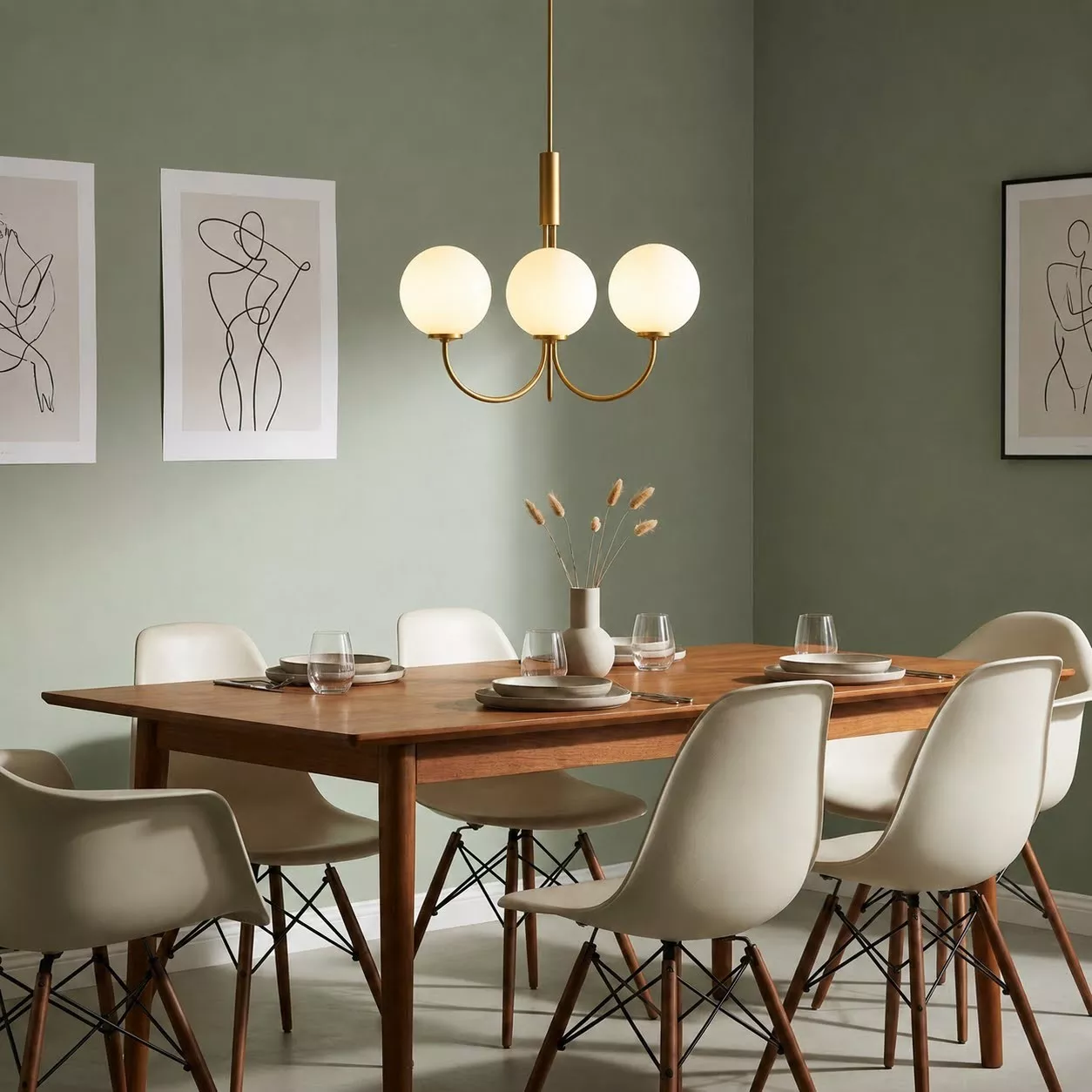 Lustre trois globes opalin laiton satiné au-dessus d'une table à manger bois, chaises blanches, mur vert sauge