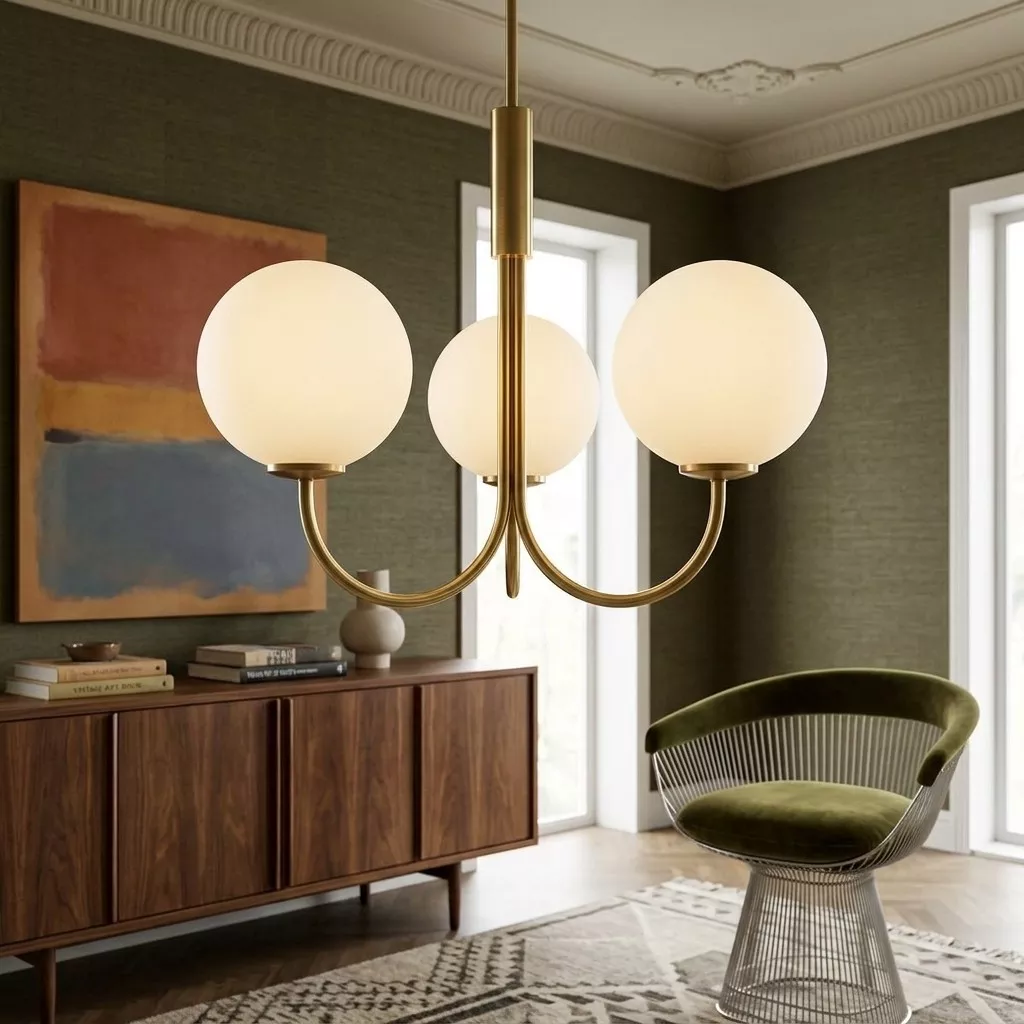 Lustre trois globes opalin laiton satiné dans un salon mur vert profond, enfilade bois foncé et fauteuil velours mousse