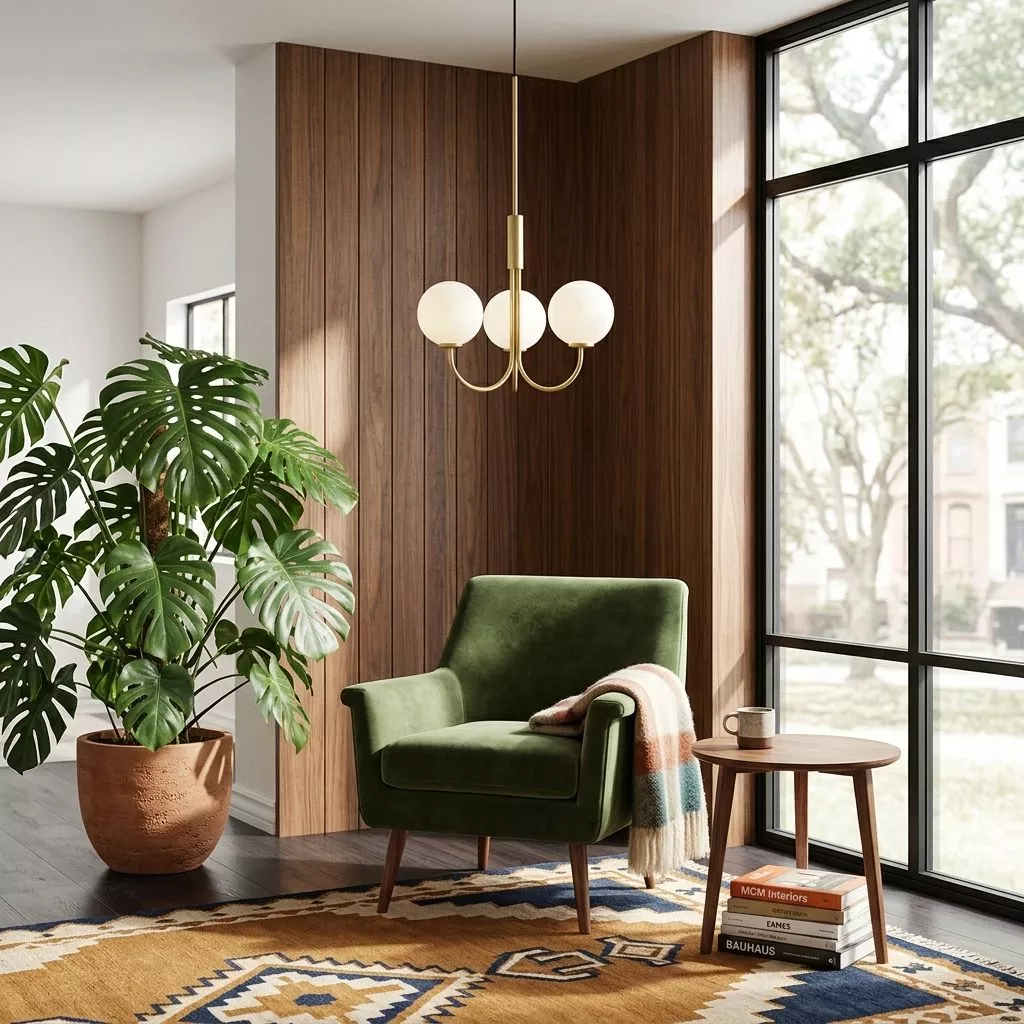 Lustre trois globes opalin laiton satiné, fauteuil velours vert mousse et grande plante verte devant un mur lambris bois
