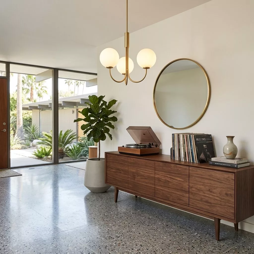 Lustre trois globes opalin laiton satiné dans une entrée lumineuse, enfilade bois foncé surmontée d'un miroir rond doré