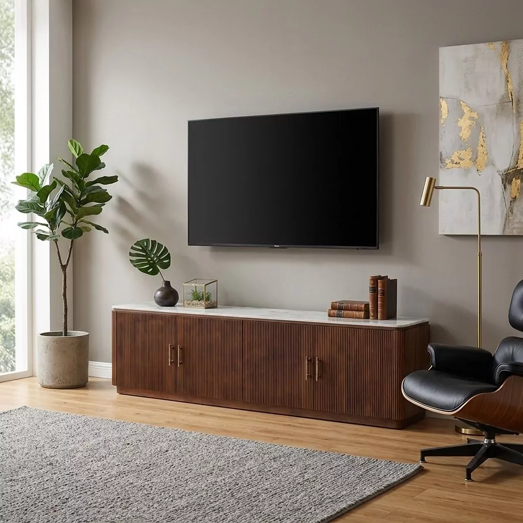 Meuble TV en noyer cannelé et plateau effet marbre blanc, sous un écran mural, fauteuil en cuir noir et lampadaire doré