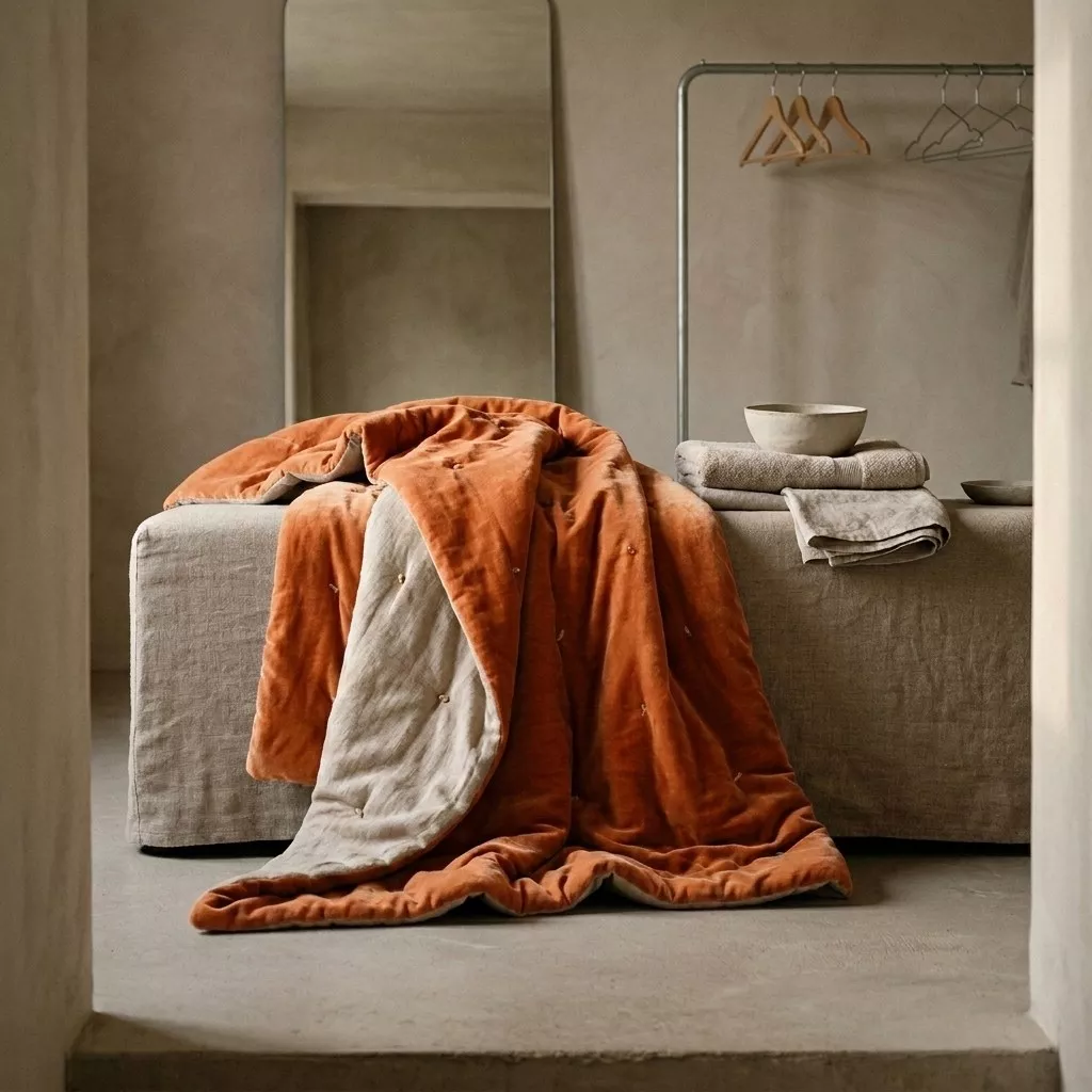 Plaid en velours de coton terracotta drapé sur fauteuil mid-century noyer, pieds fuselés, lampe champignon et meuble enfilade