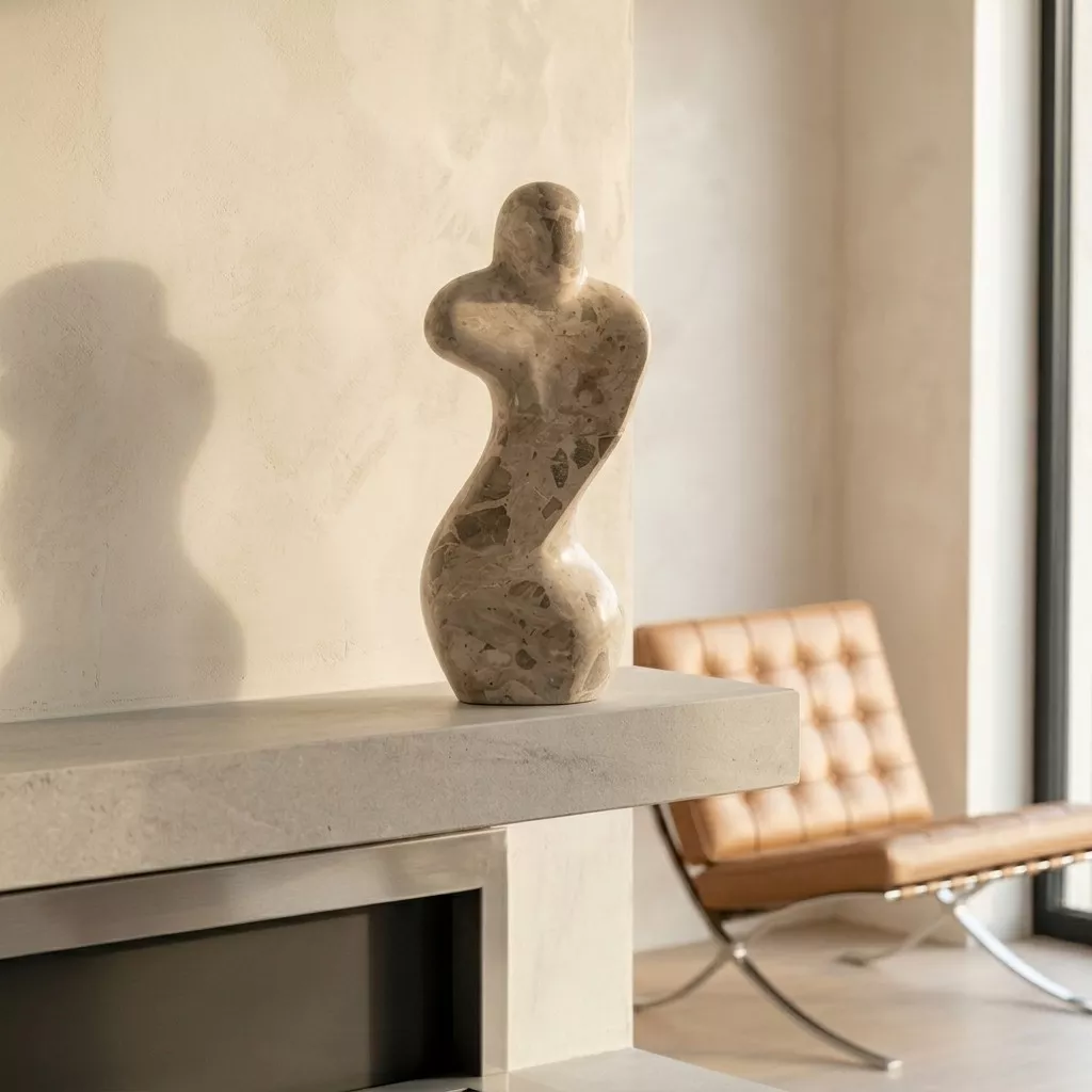 Sculpture femme abstraite en marbre veiné brun sur tablette pierre claire, fauteuil cuir cognac et chrome en arrière-plan