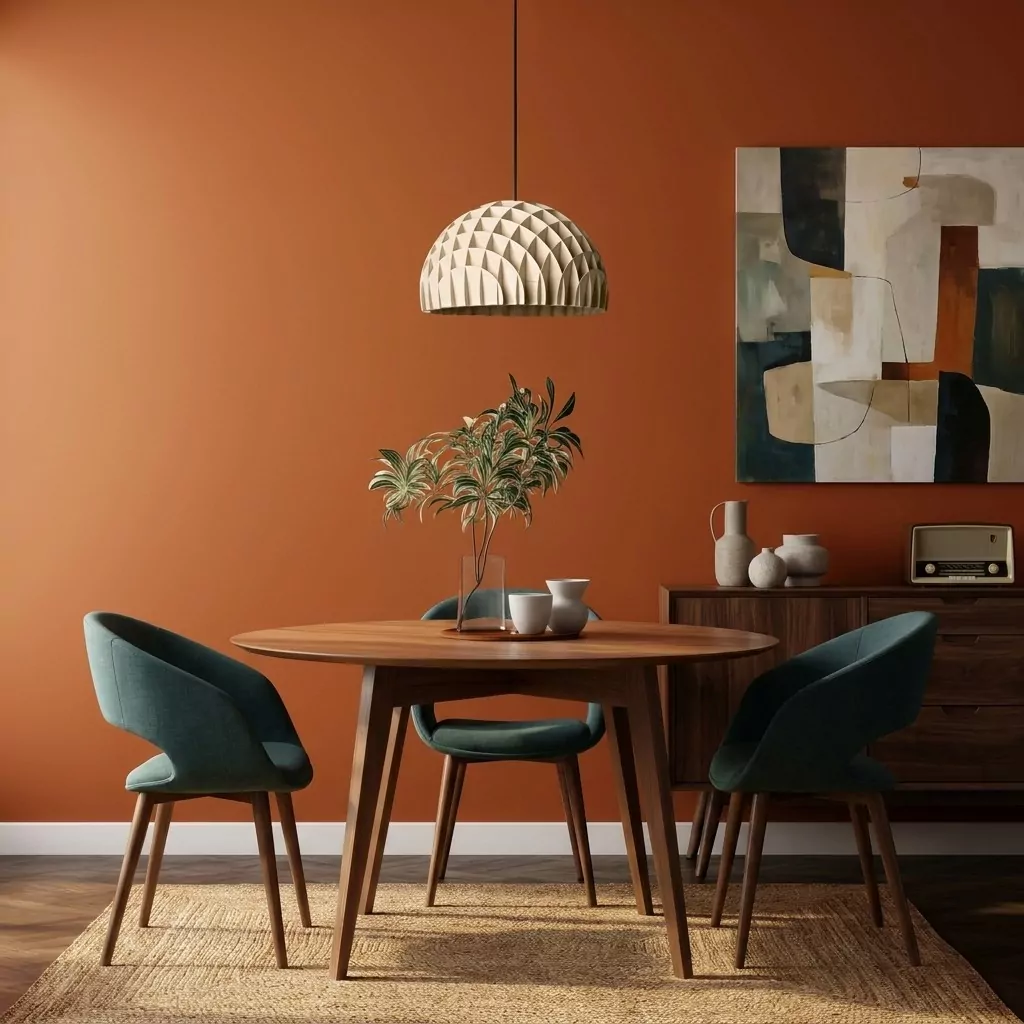 Suspension en bois clair au-dessus d'une table ronde en bois brun, chaises vertes et mur terracotta, esprit rétro