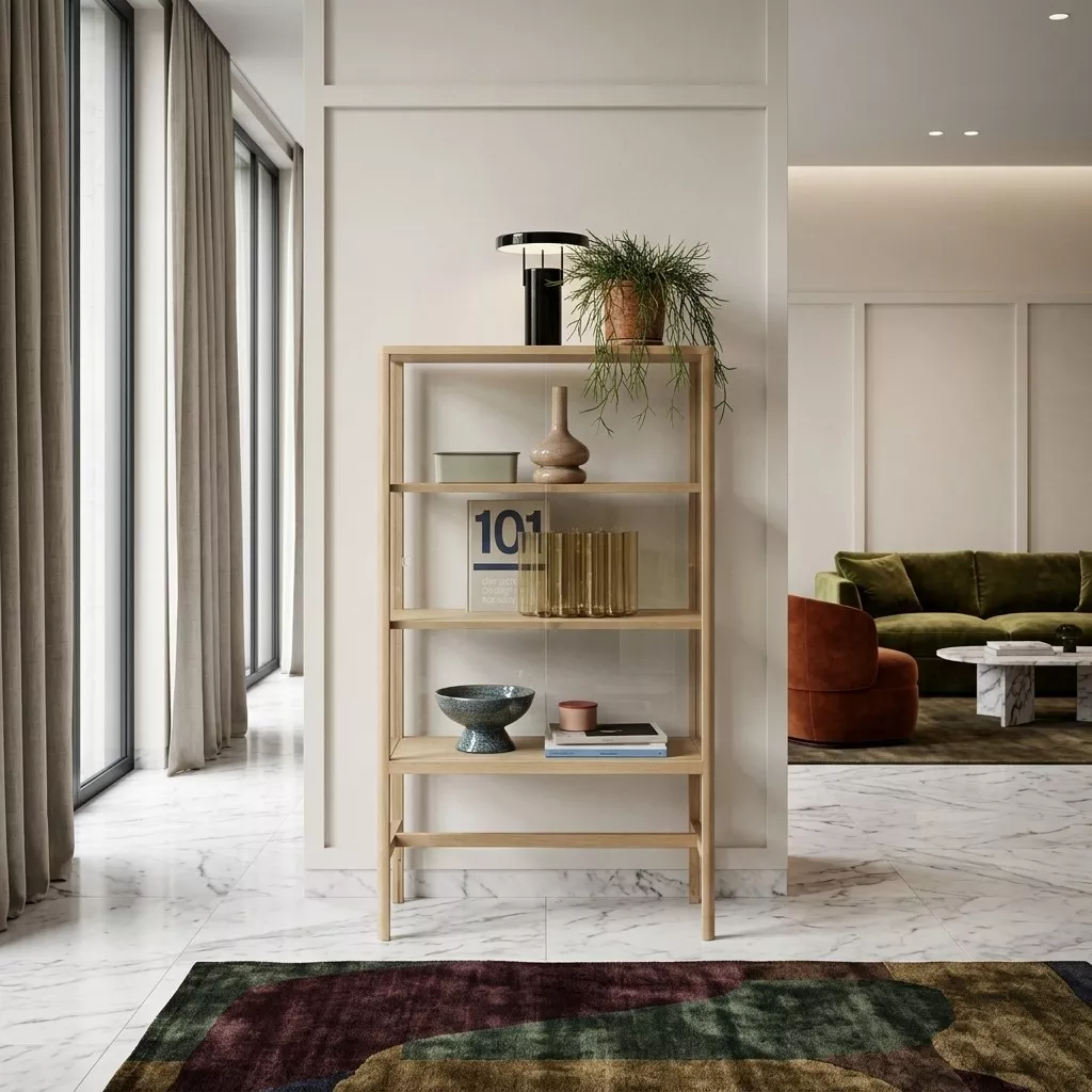 Vitrine chêne et verre coulissante sur sol marbre, canapé velours olive et table basse pierre claire en arrière-plan