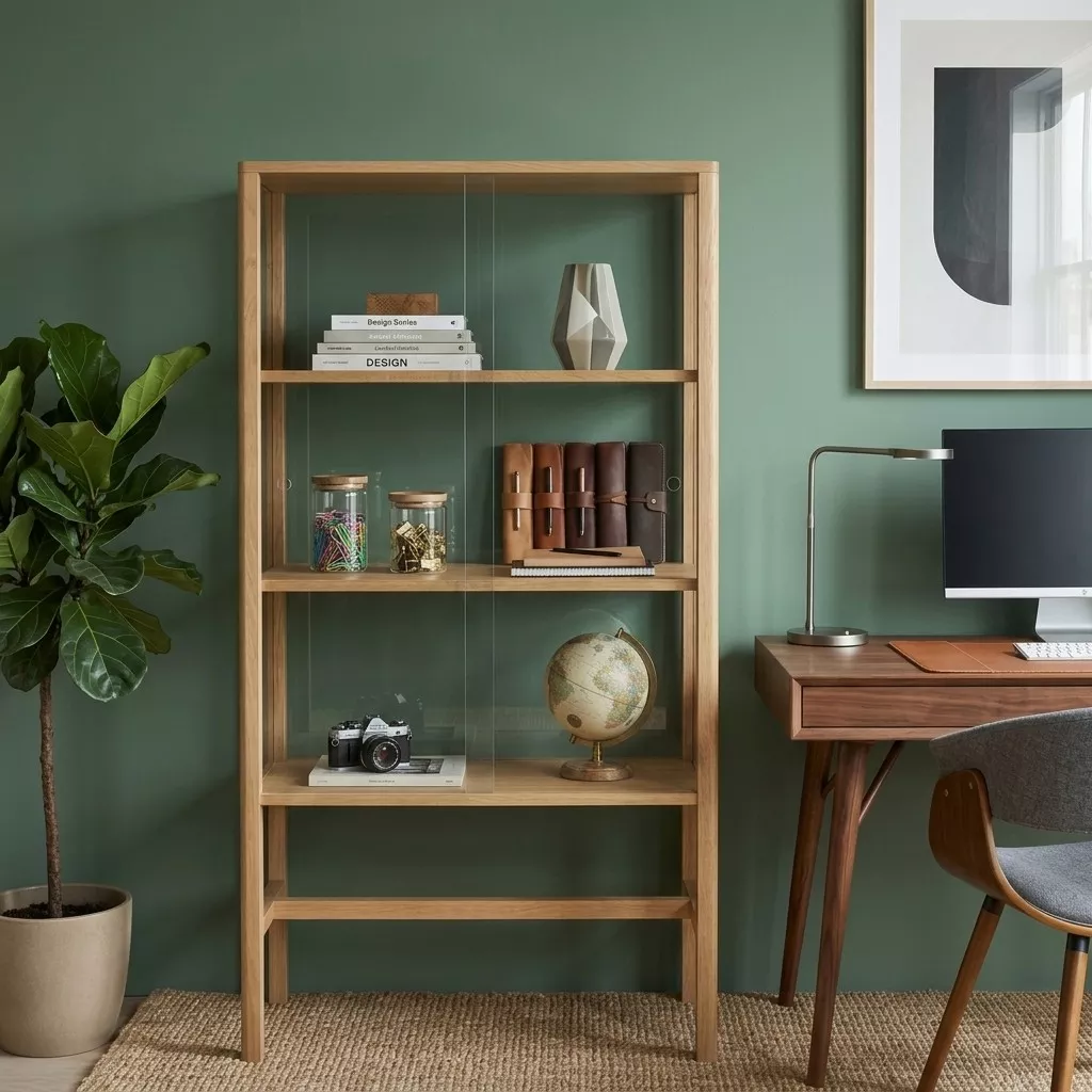 Vitrine chêne et verre coulissante contre mur vert sapin, bureau noyer et lampe à bras articulé laiton en accompagnement