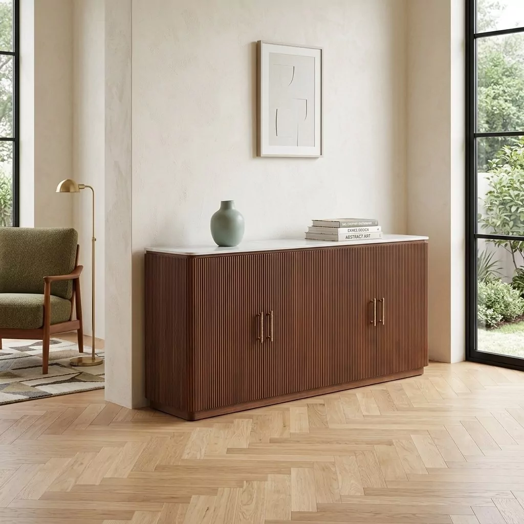 Buffet en noyer cannelé et plateau effet marbre, mur en enduit beige, fauteuil bouclé olive et parquet en chevrons