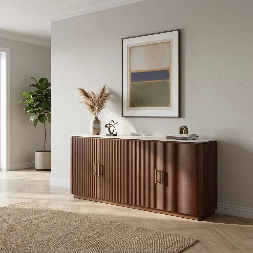 Buffet en noyer cannelé et plateau effet marbre, mur clair mouluré, tapis tressé, herbes séchées et toile abstraite douce
