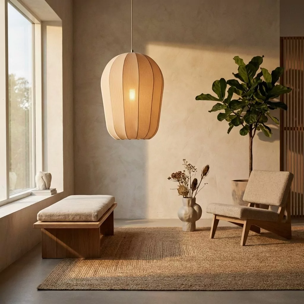 Suspension en tissu beige tricoté allumée dans un séjour aux murs beige, banc en bois clair et grande plante verte en pot