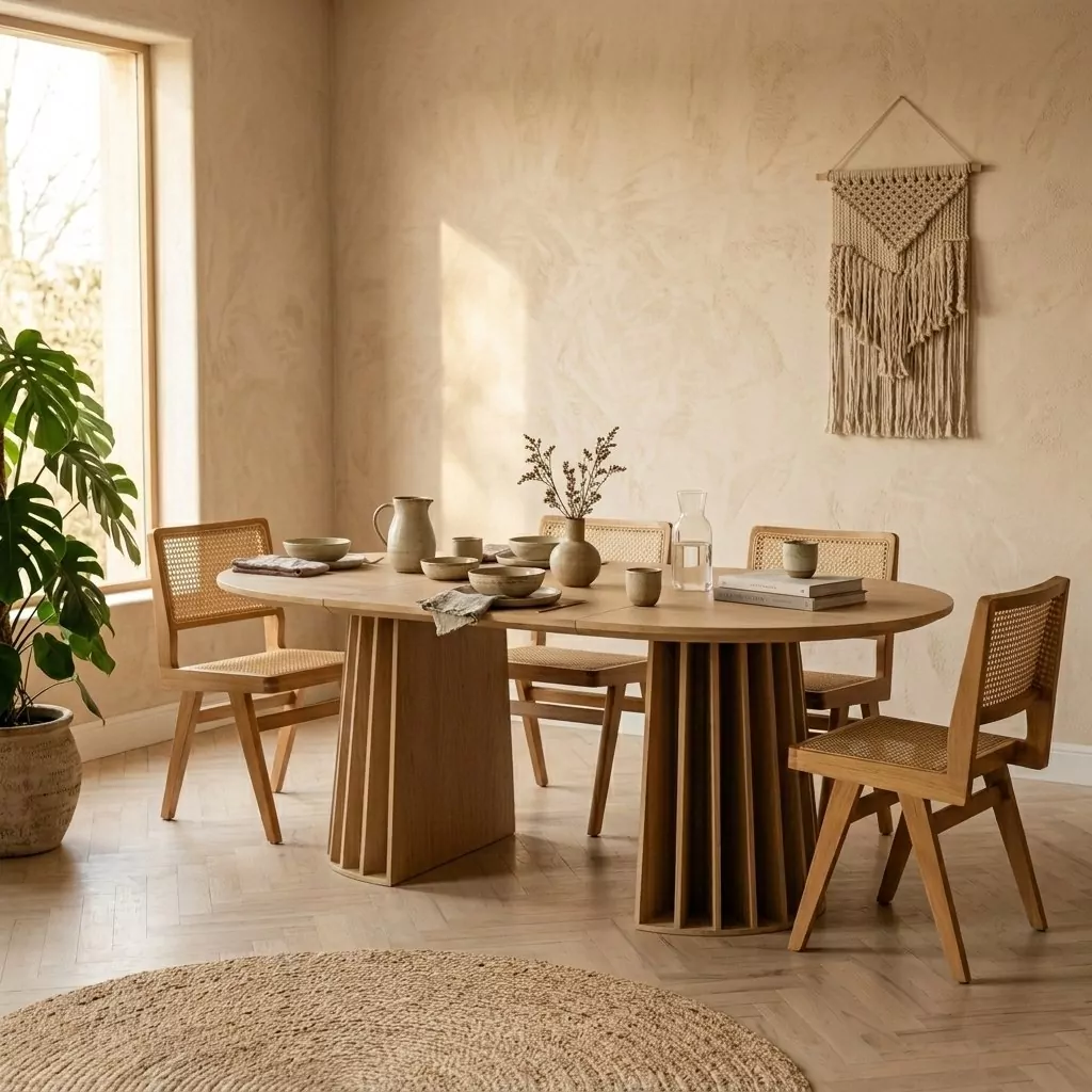 Table ovale rallongée en bois clair à pied cannelé, chaises en cannage, murs clairs et tapis en fibres naturelles