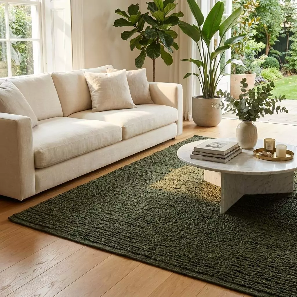 Tapis en jute vert mousse devant un canapé en lin écru, table basse en pierre claire et grandes plantes vertes en pot