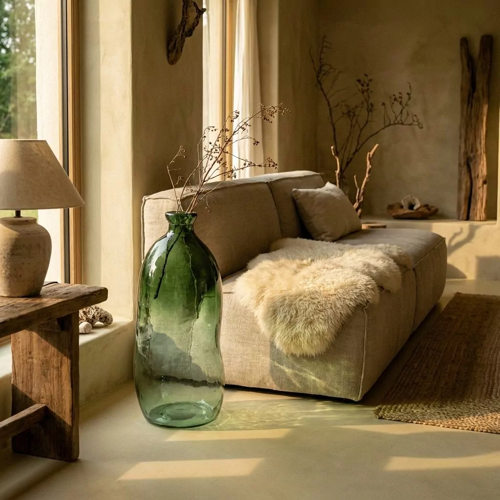 Vase de sol en verre vert garni de branchages séchés près d'un canapé en lin sable, murs en enduit beige
