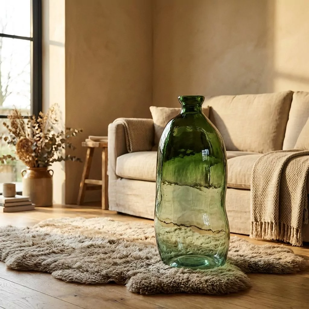 Grand vase de sol en verre vert translucide posé sur un tapis moelleux beige devant un canapé en lin clair