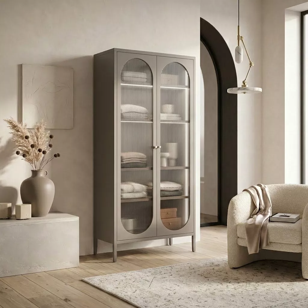 Vitrine cannelée taupe sur parquet clair, vase en terre cuite et branches sèches, fauteuil bouclé écru et tapis à motif