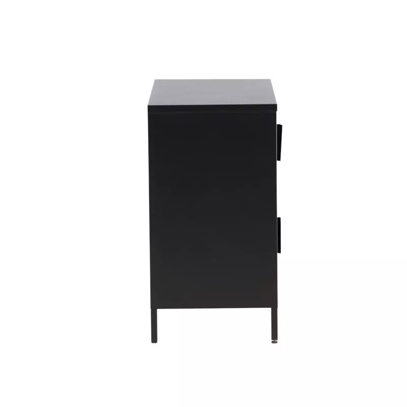 Buffet bas en acier laqué noir mat vu de profil, caisson compact sur pieds tubulaires fins, sur fond neutre