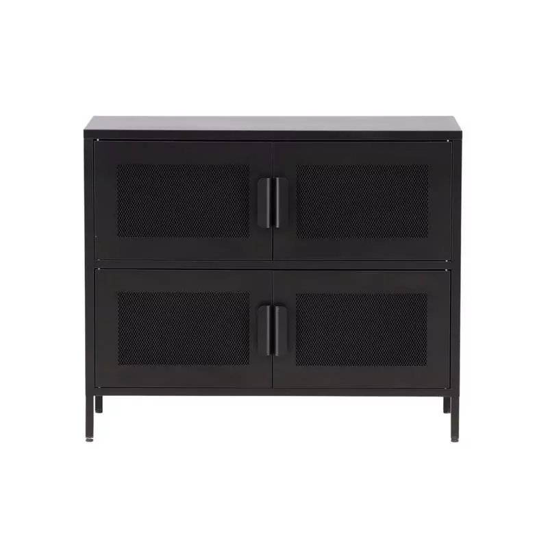 Buffet bas en acier laqué noir mat vu de face, quatre portes en grillage losange et poignées tubulaires, sur fond neutre