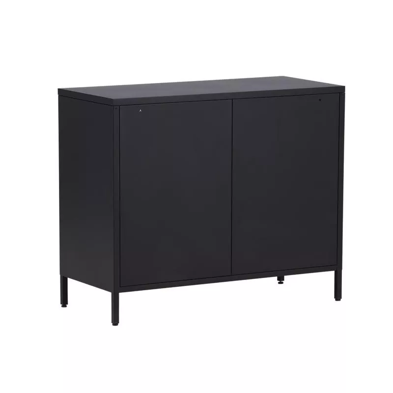 Buffet bas en acier laqué noir mat vu de dos, dos en tôle pleine et pieds tubulaires fins, sur fond neutre