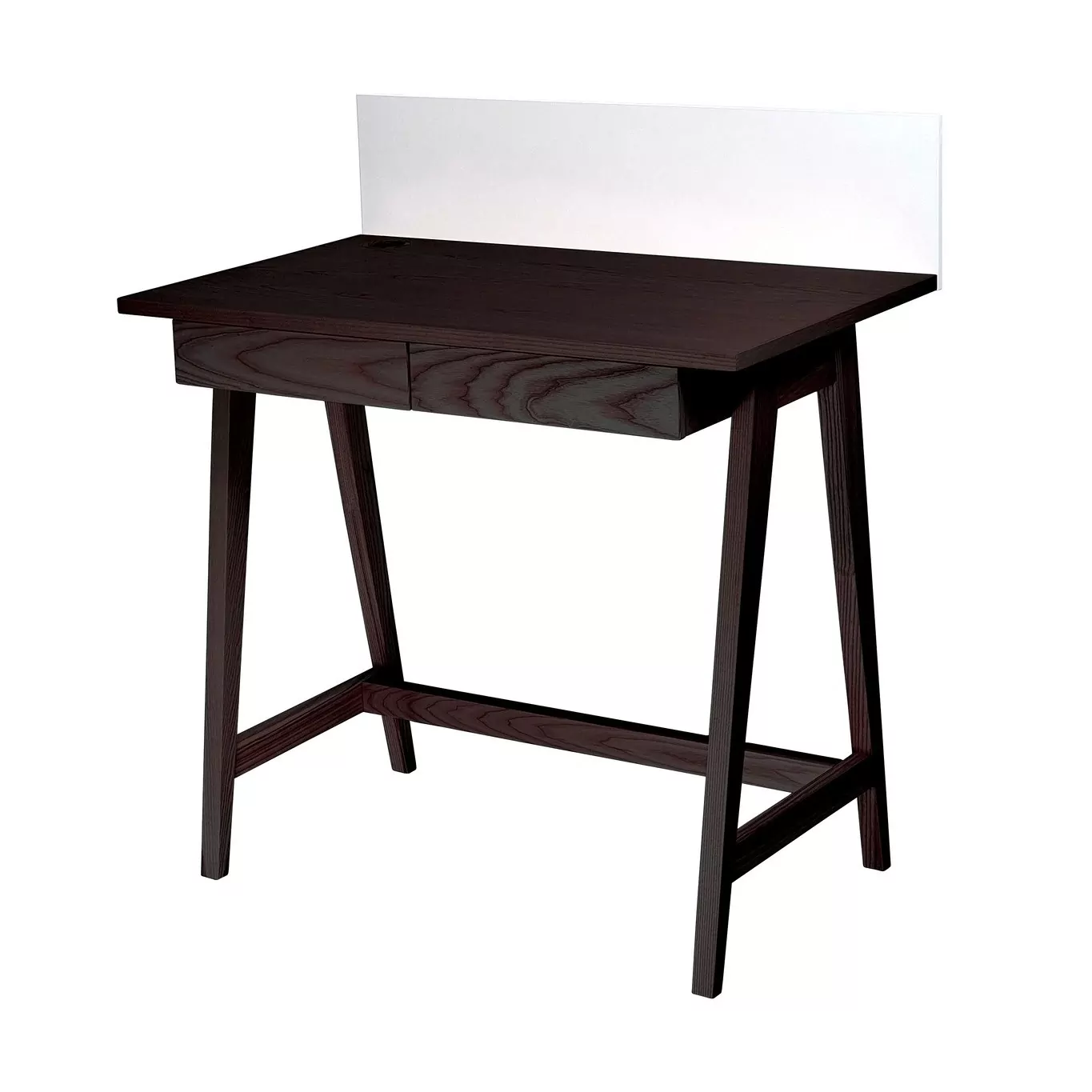 Bureau en frêne teinté noyer vu de trois-quarts, écran blanc, deux tiroirs sans poignée et pieds compas, fond blanc neutre