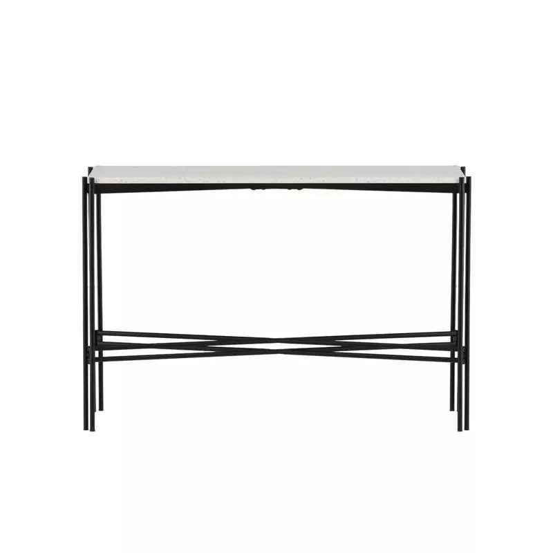 Console au plateau en terrazzo blanc moucheté sur piétement métal noir à contreventement étoilé, vue de face sur fond neutre