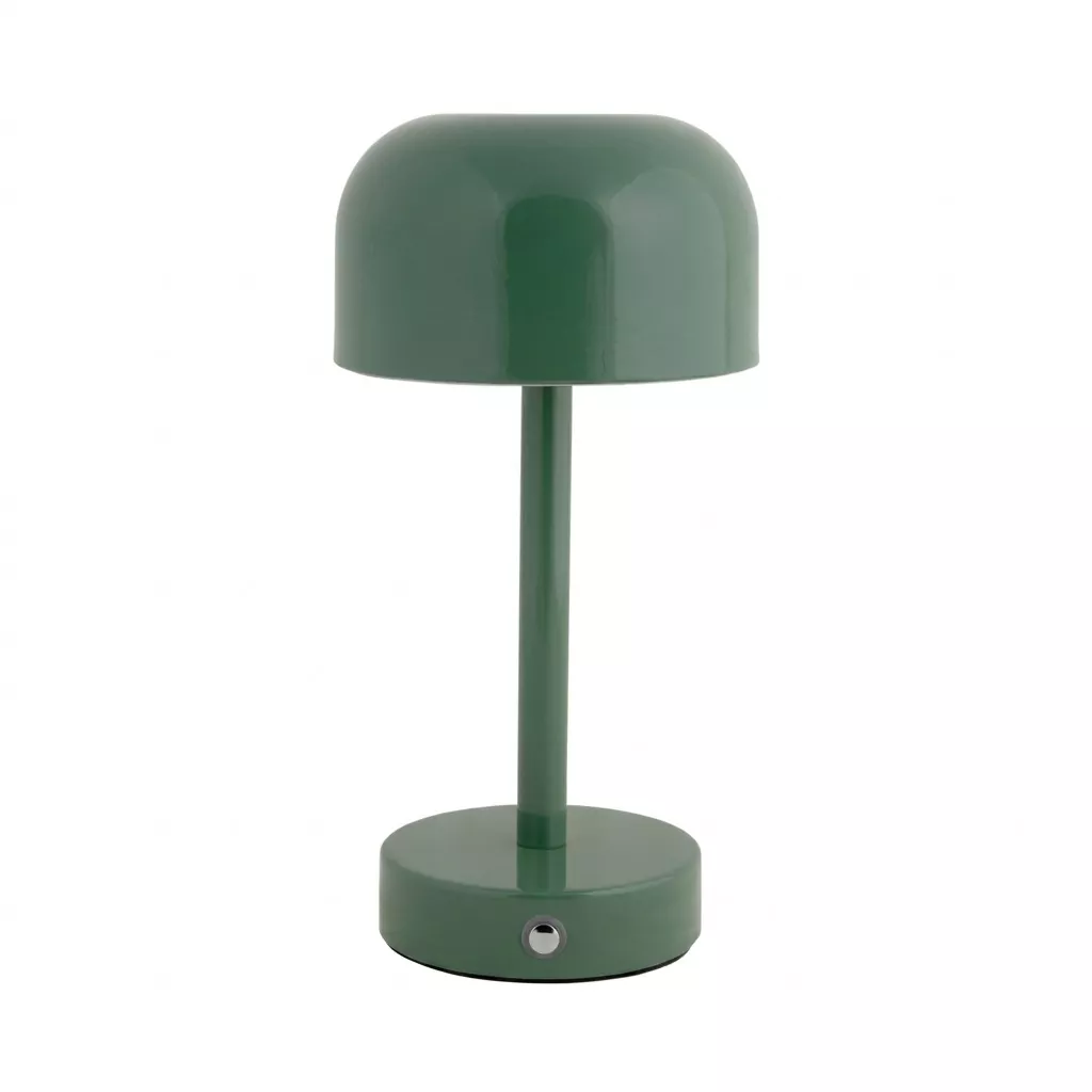 Lampe à poser champignon en fer laqué vert brillant, vue de face sur fond neutre, dôme arrondi et base ronde
