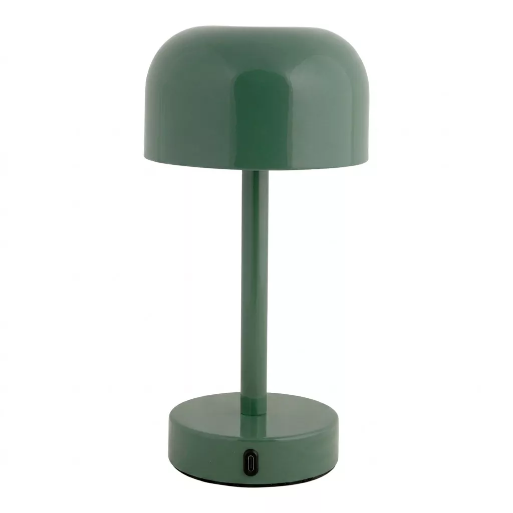Lampe à poser champignon en fer laqué vert, vue de face sur fond neutre, fût cylindrique et bouton sur la base ronde