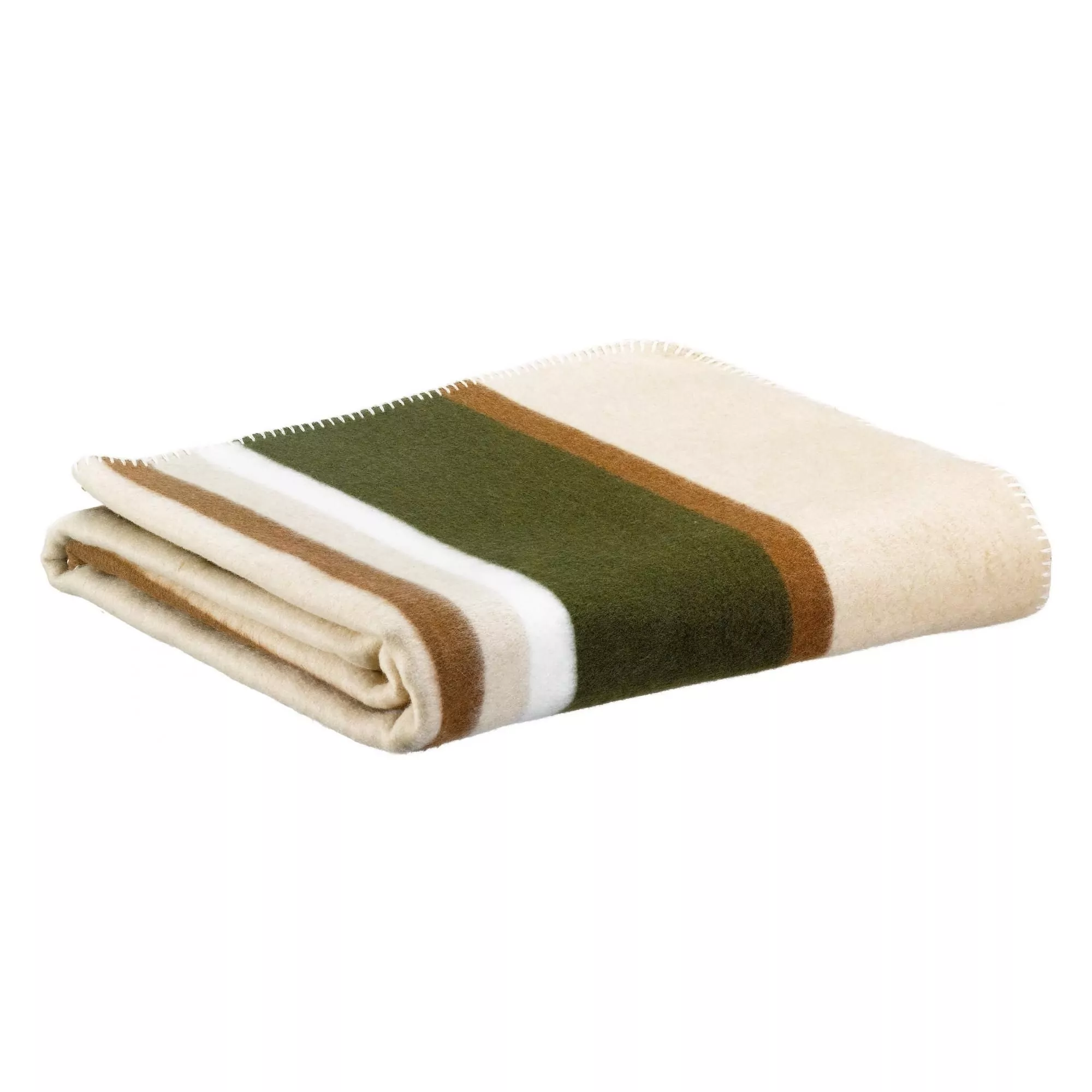Plaid en laine plié sur fond blanc, large fond écru et bandes vert olive, caramel et blanc, bord en point de feston