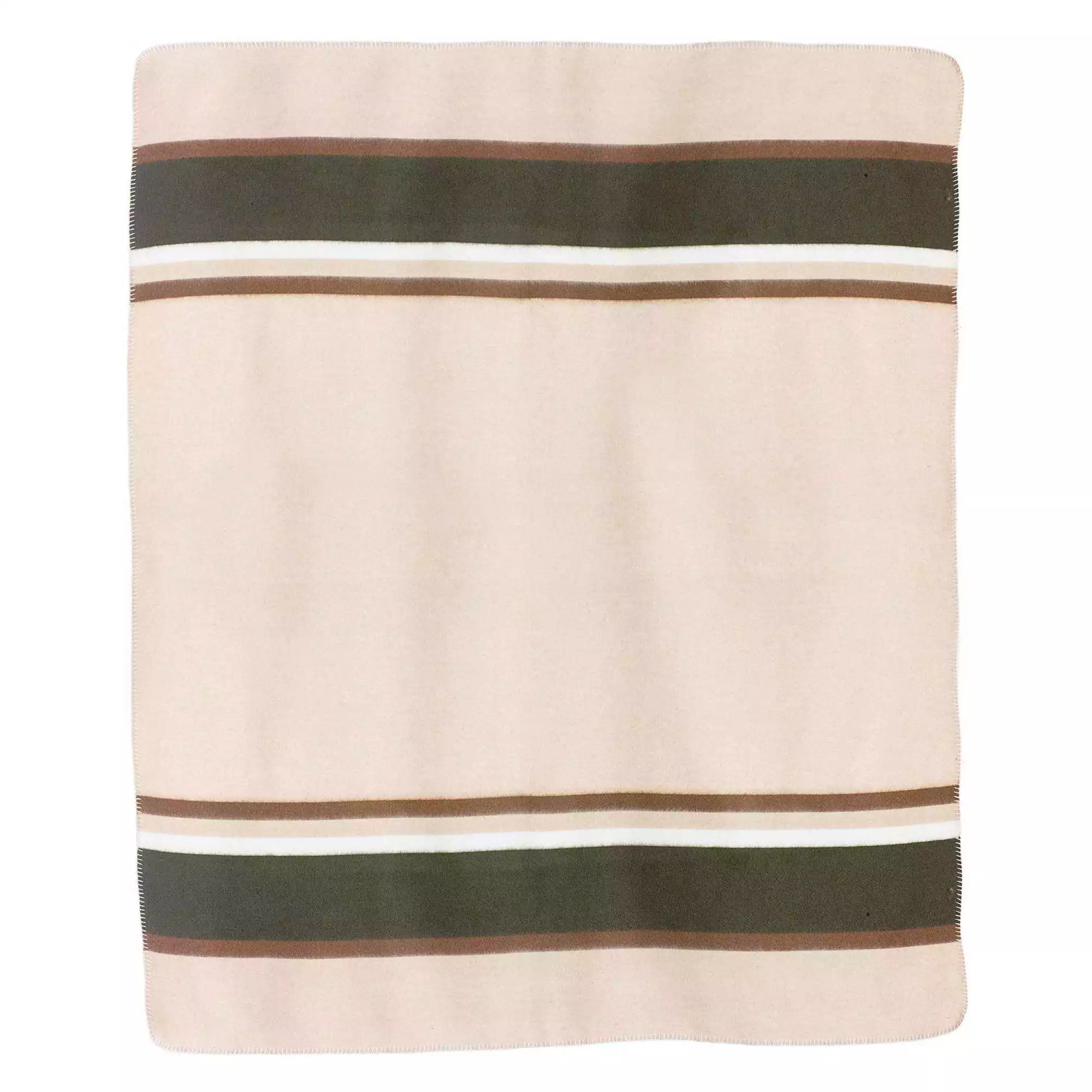 Plaid en laine déplié à plat sur fond blanc, fond écru et bandes vert olive, caramel et blanc en haut et en bas
