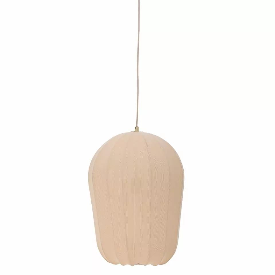 Suspension en tissu beige tricoté, abat-jour ovoïde aux côtes verticales et cordon textile, sur fond neutre