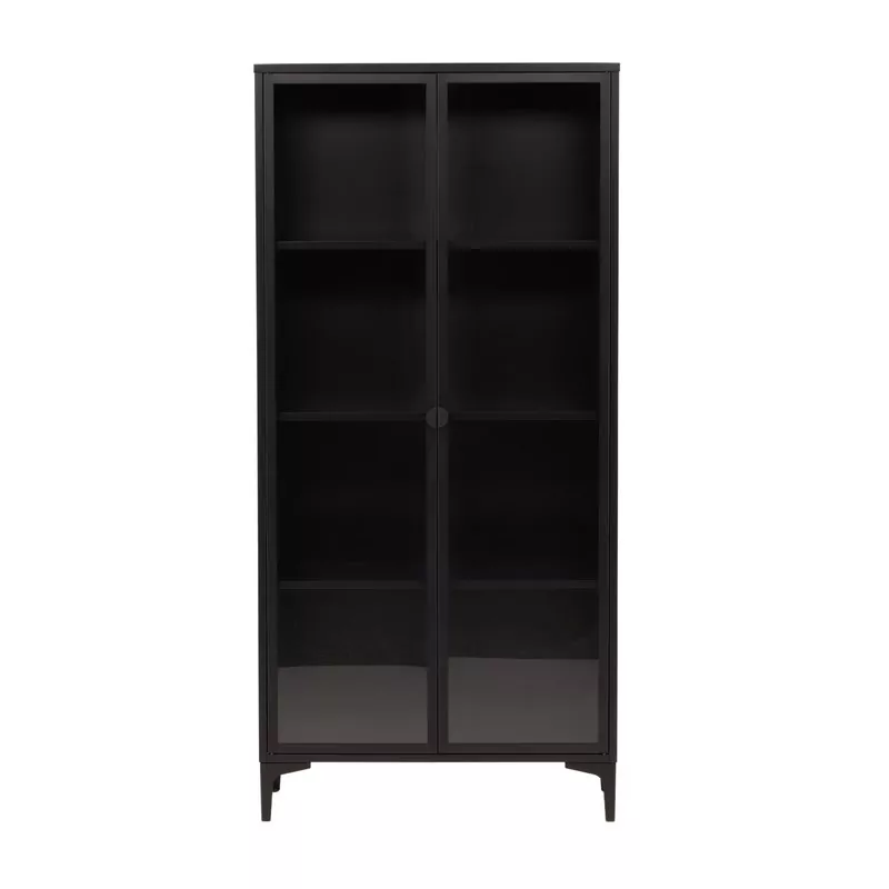 Vitrine en acier laqué noir mat 190 cm, deux portes en verre fumé, trois tablettes et pieds fuselés évasés, vue de face.