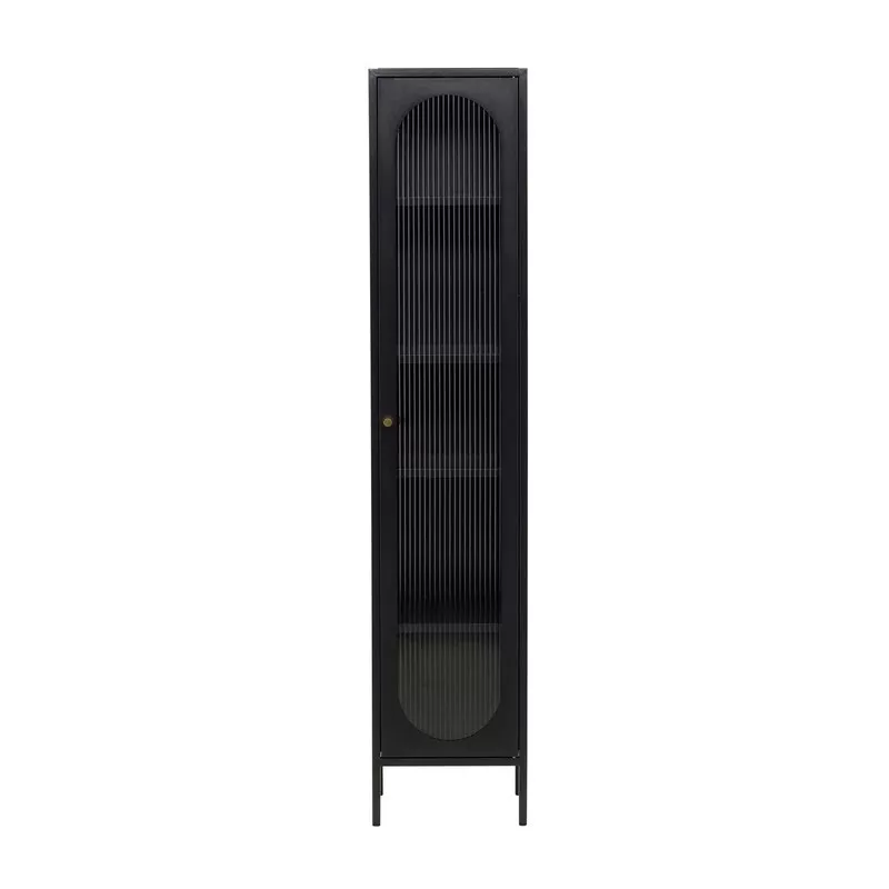 Vitrine colonne noire vue de face, acier laqué mat et porte basse en verre cannelé strié, format étroit 37 cm.