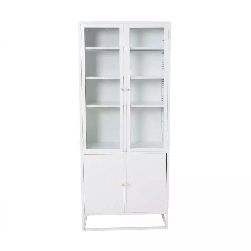 Vitrine métal blanche en acier thermolaqué, vue de face, portes vitrées hautes et portes pleines basses, fond neutre
