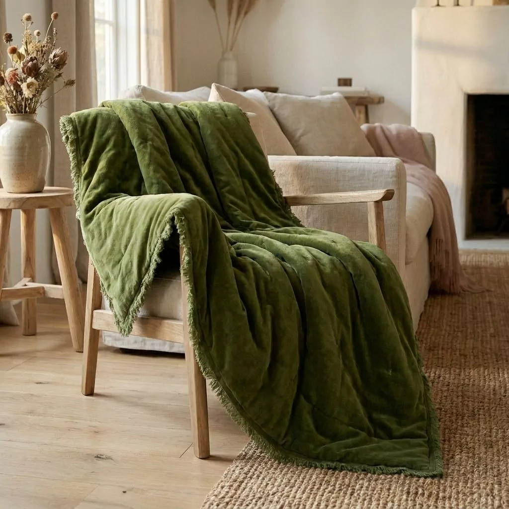 Plaid en coton vert olive matelassé jeté sur un fauteuil en bois clair, frange effilochée et tombé souple