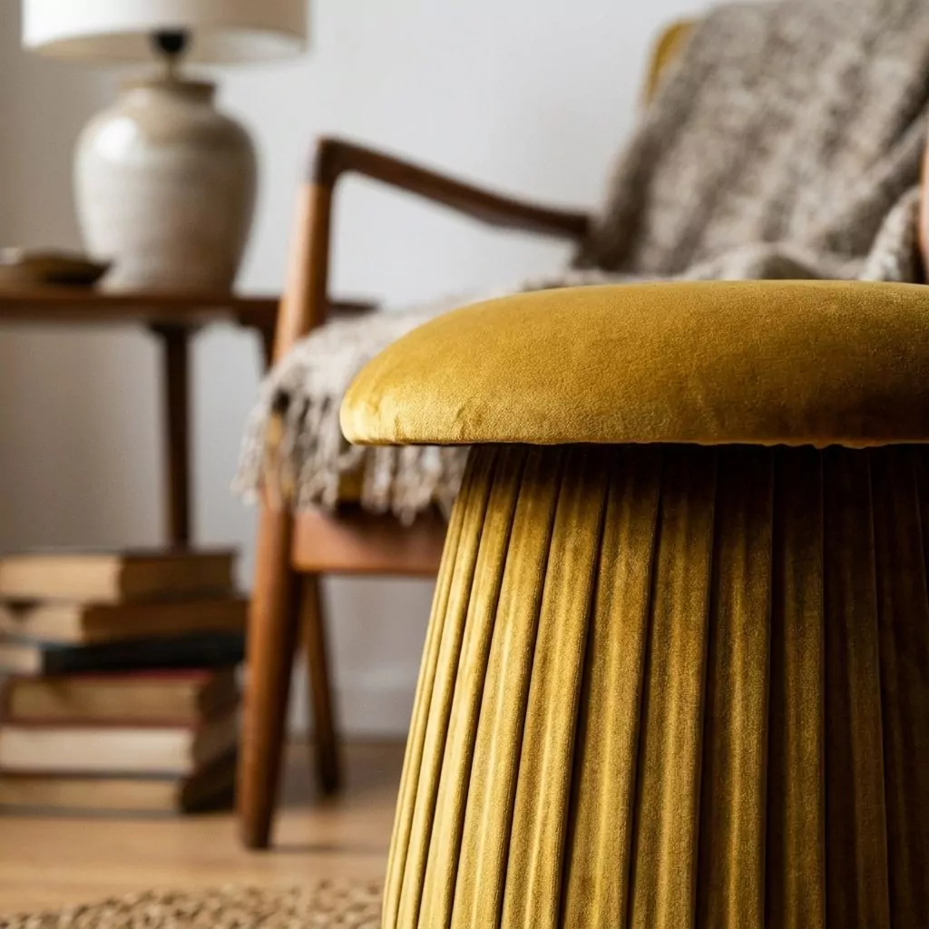 Gros plan du pouf en velours moutarde, coupole bombée et jupe à plis serrés, fauteuil en bois et plaid en arrière-plan