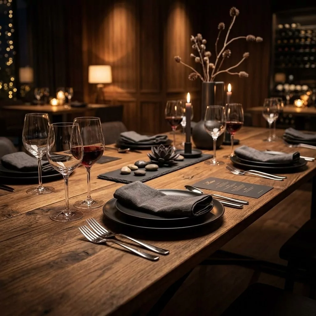 Plateau de table à manger en teck veiné dressé de verres à vin et d'assiettes noires, ambiance feutrée et boisée