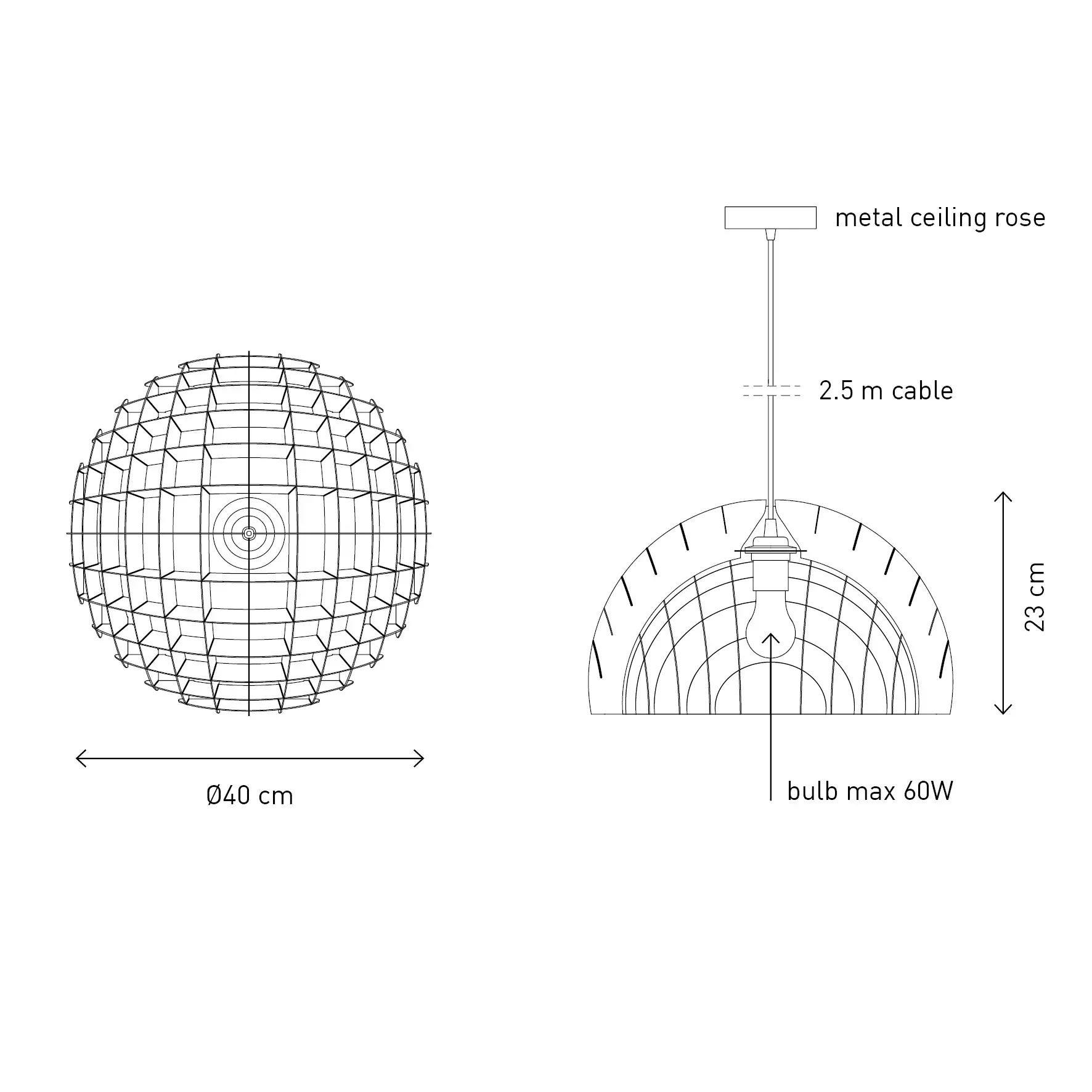 Schéma technique de la suspension avec cotes : Diamètre 40 cm, Hauteur 23 cm, câble de 2,5 mètres et rosace de plafond