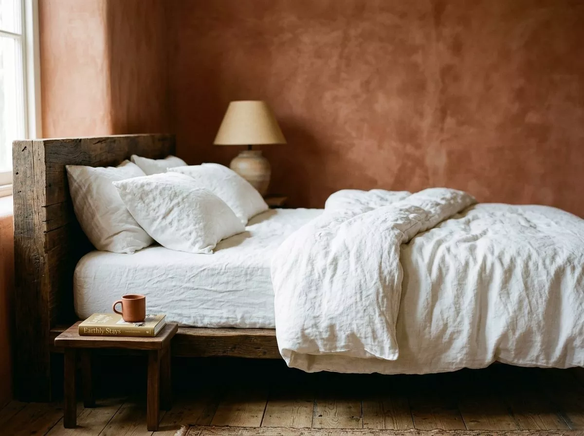 Chambre terracotta et bois, lit en lin lavé contre un mur d'argile