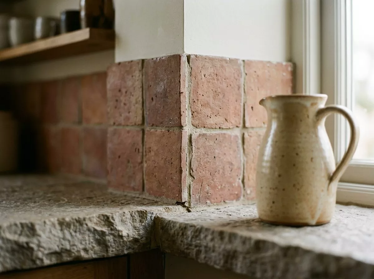 Couleur terracotta sur des carreaux anciens, plan de pierre et pichet en grès