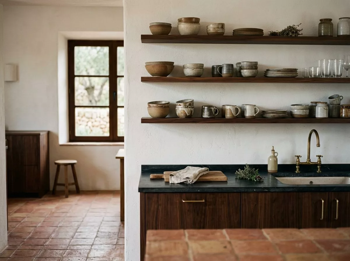 Cuisine terracotta, étagères de céramique et plan de travail en pierre