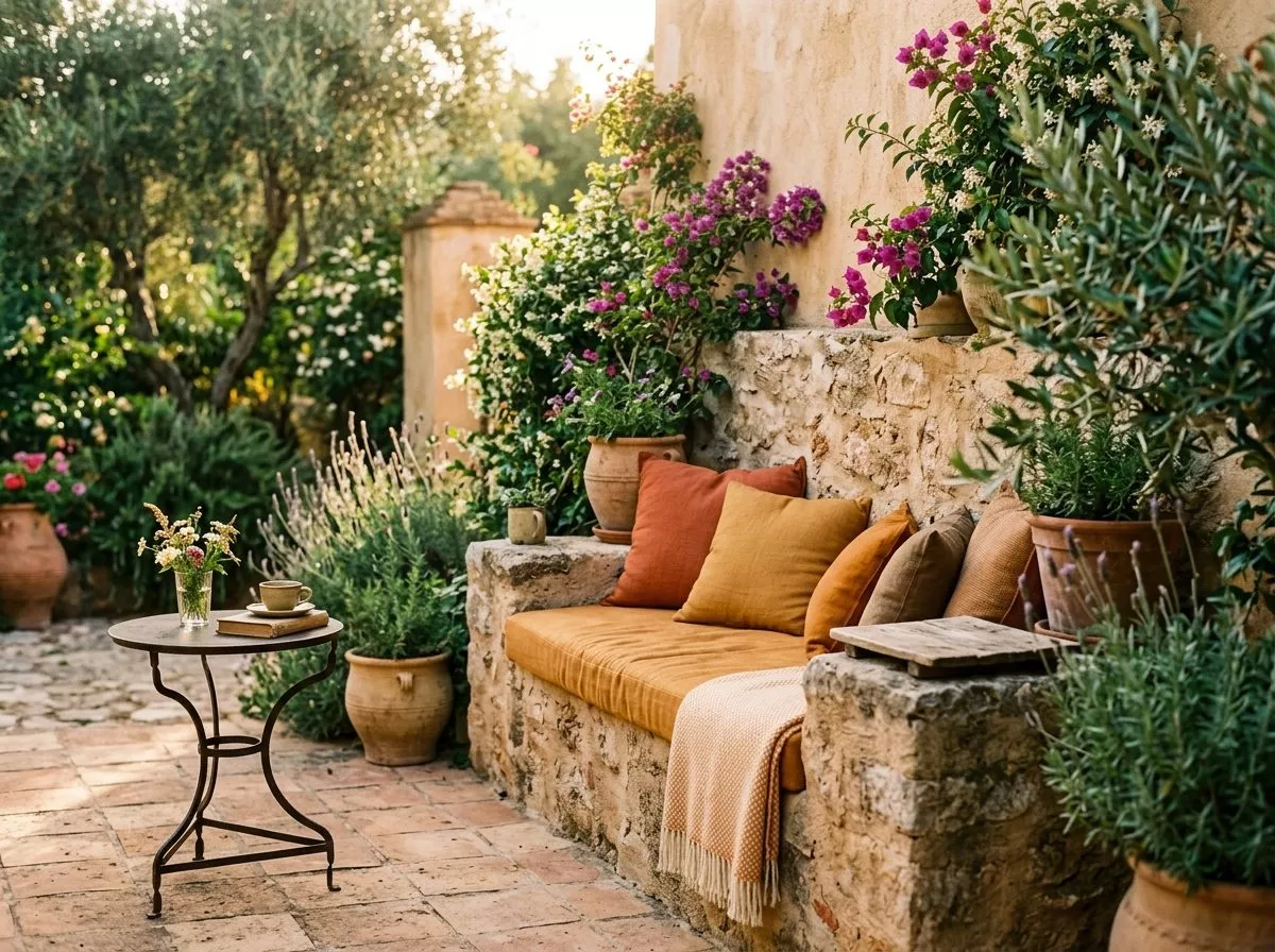 Déco terracotta en extérieur, banc maçonné et coussins ocre dans un patio méditerranéen