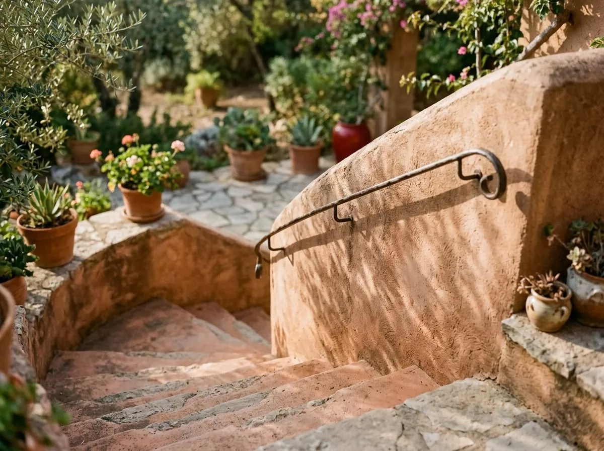 Escalier d'une maison méditerranéenne en terracotta, marches d'argile bordées de plantes