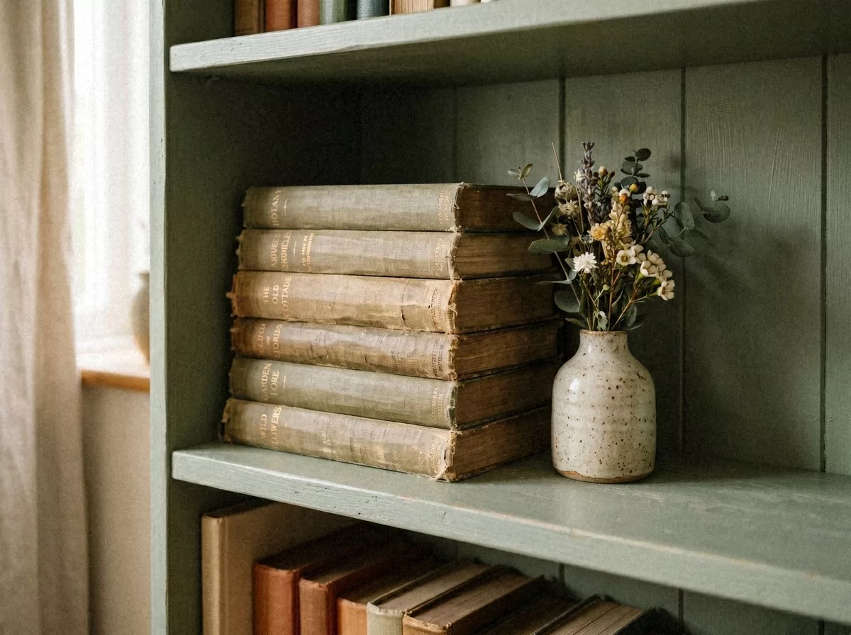 Étagère peinte en vert sauge, pile de livres anciens aux reliures de toile fanée et vase en grès moucheté