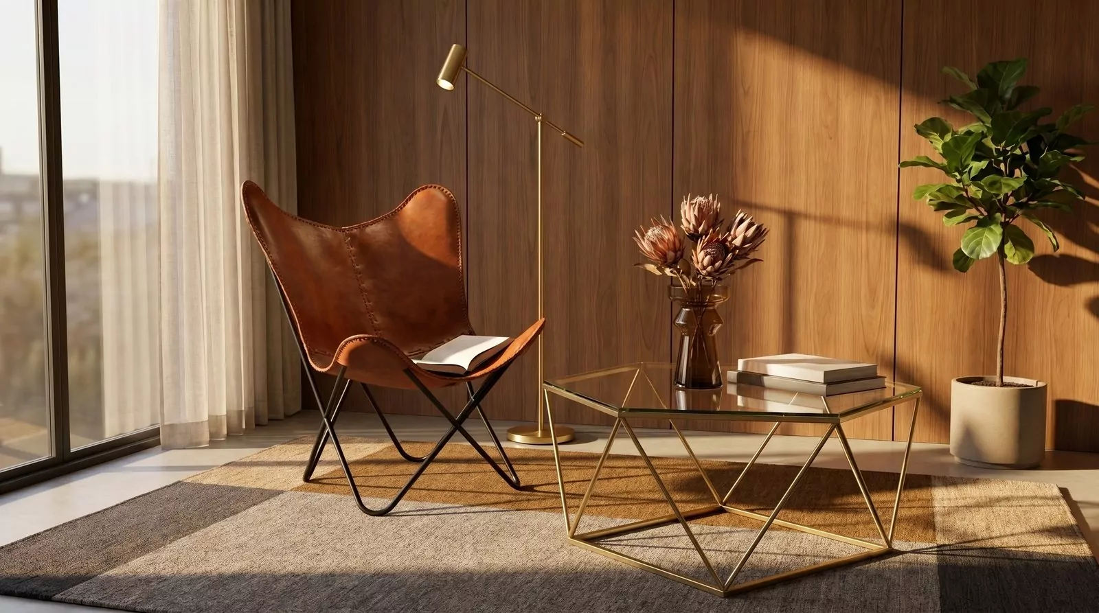 Un coin lecture mid-century en cuir cognac et laiton